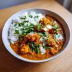 A bowl of rich, orange pumpkin curry served alongside white rice, garnished with cilantro and a swirl of cream.