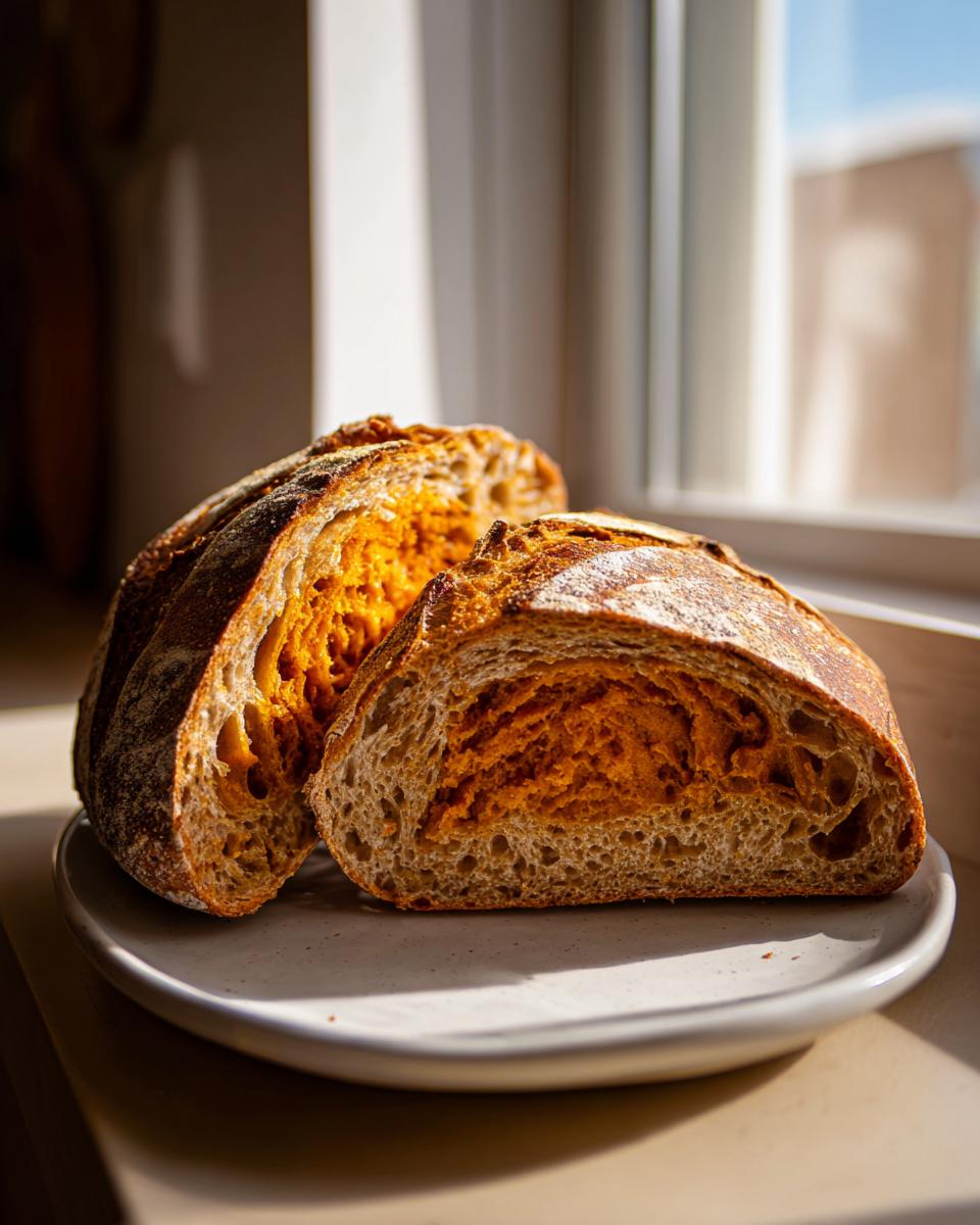 A loaf of freshly baked pumpkin sourdough bread, sliced open to show the vibrant orange, dense interior crumb.