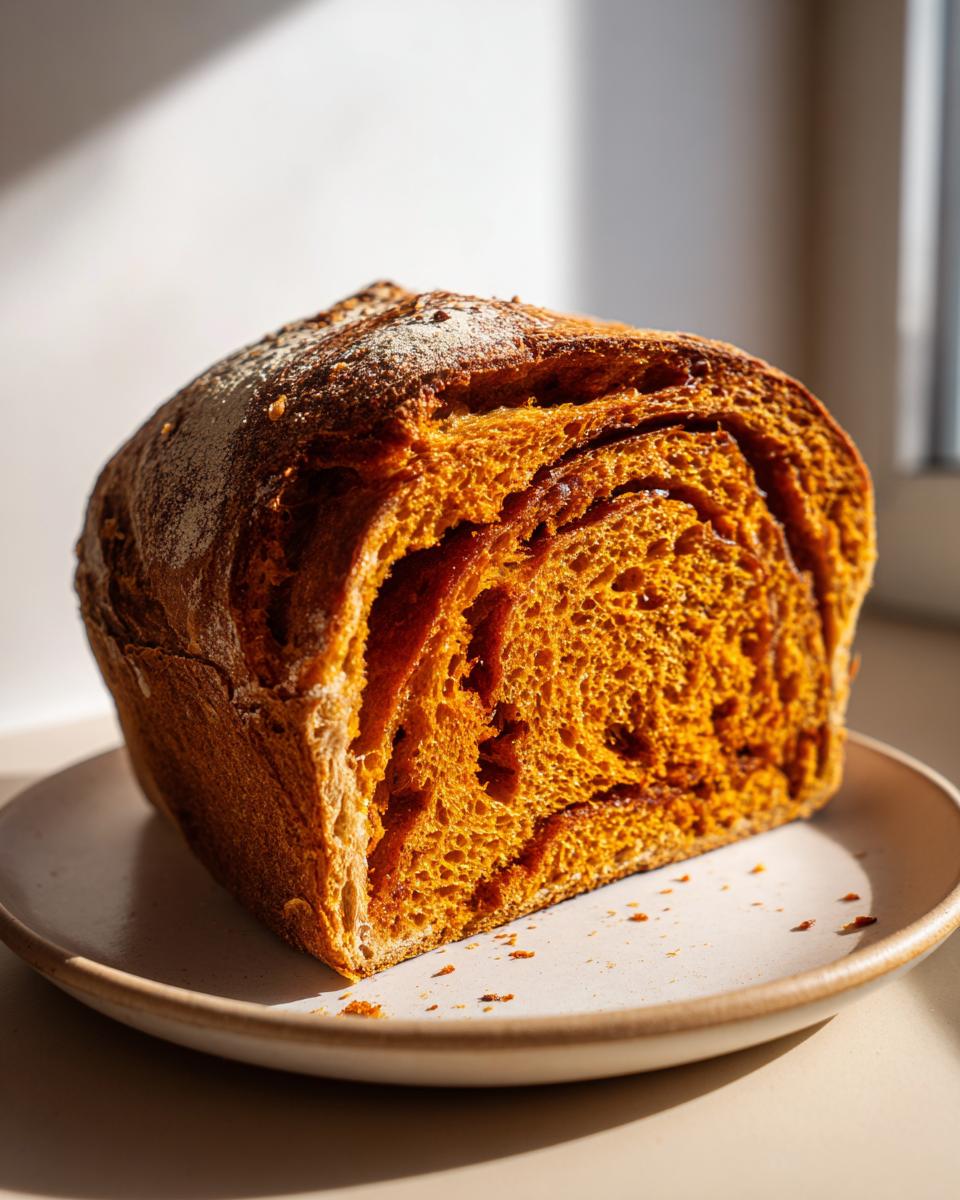 A close-up view of a freshly baked loaf of vibrant orange pumpkin sourdough bread, sliced to show the soft crumb.