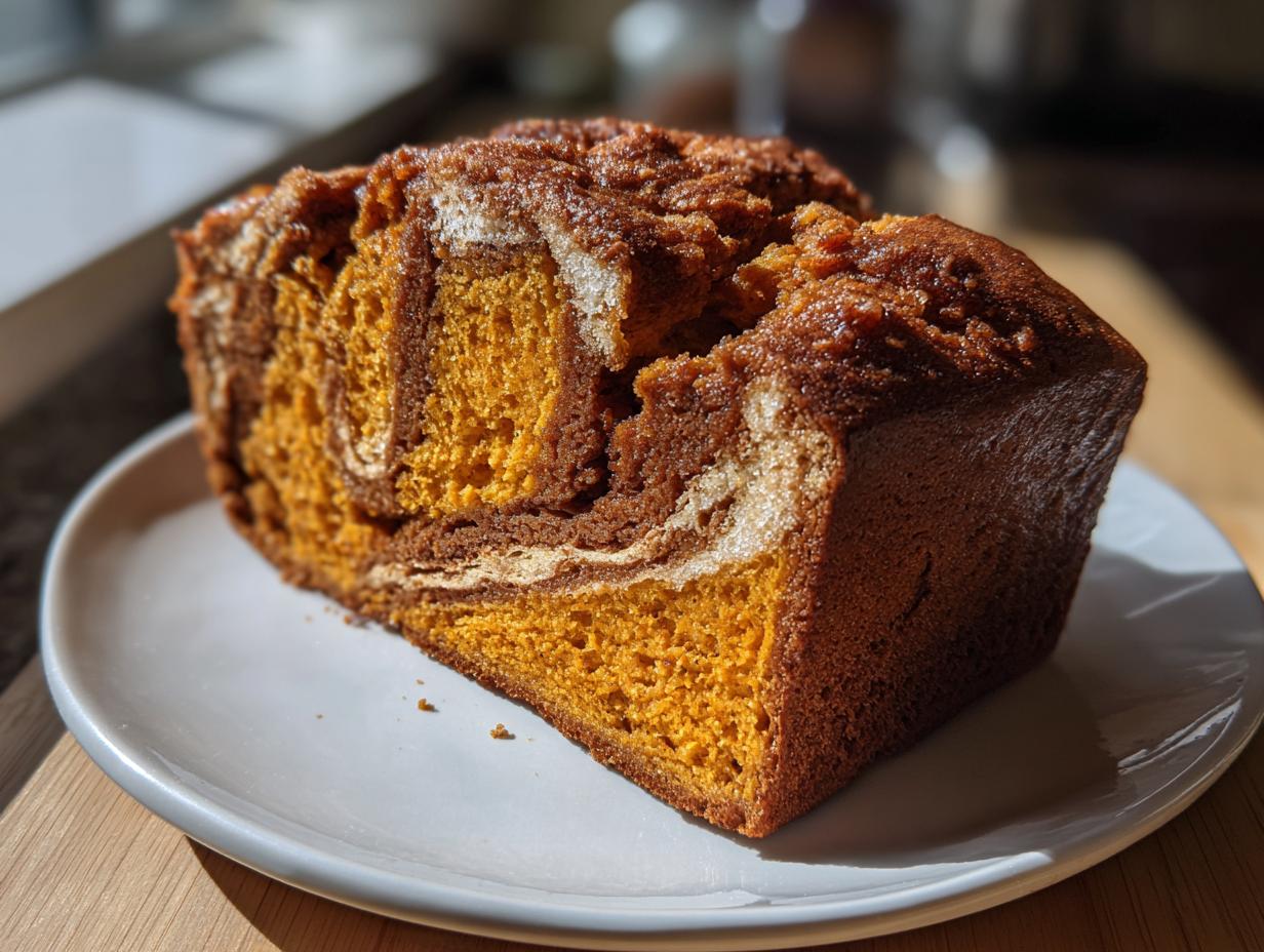 A thick slice of marbled pumpkin sourdough bread showing bright orange and dark swirl patterns, sitting on a white plate.