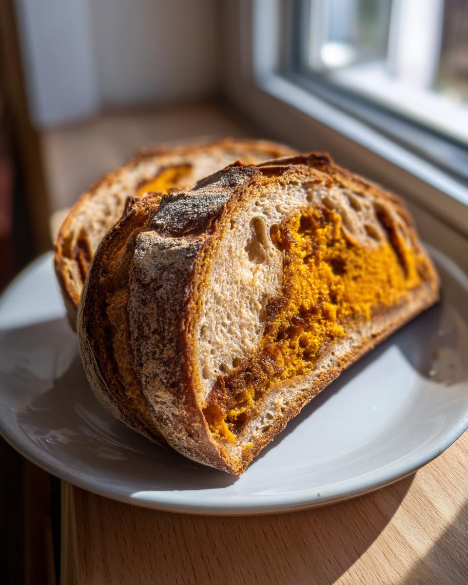 Close-up of two slices of pumpkin sourdough bread showing a rich orange crumb, resting on a light plate near a window.