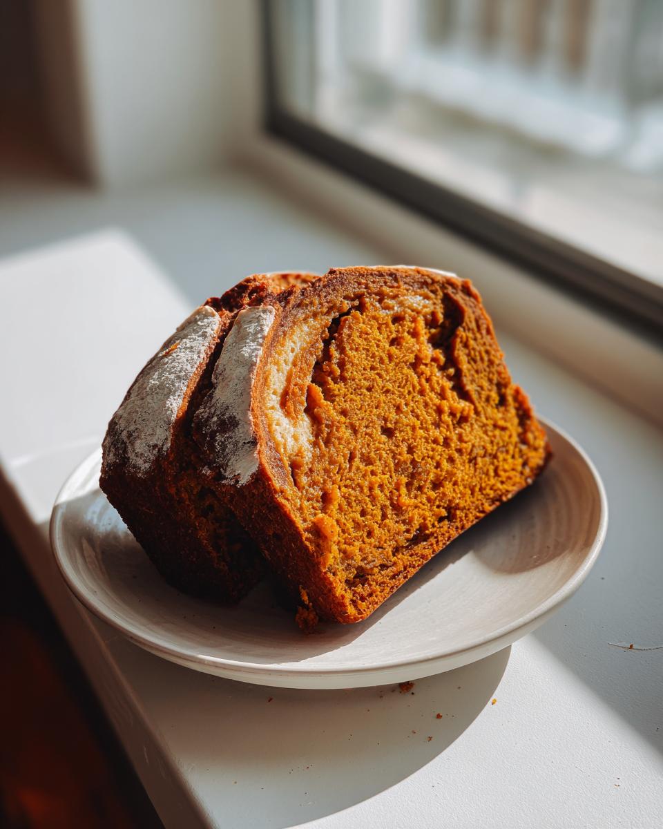 Two thick slices of vibrant orange pumpkin sourdough bread dusted with powdered sugar on a small plate.