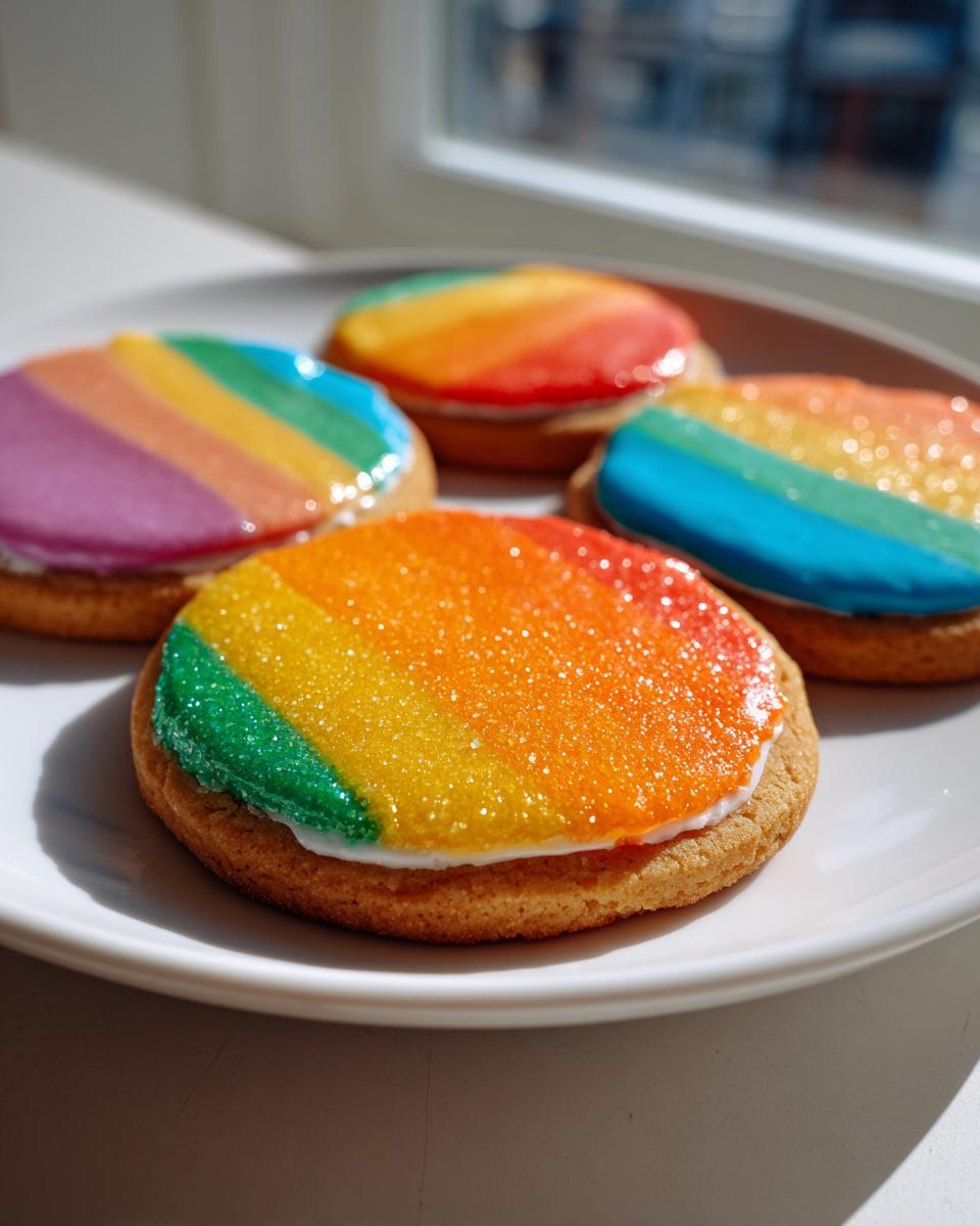 Four round sugar cookies topped with vibrant, striped rainbow sugar cookie icing and glitter.