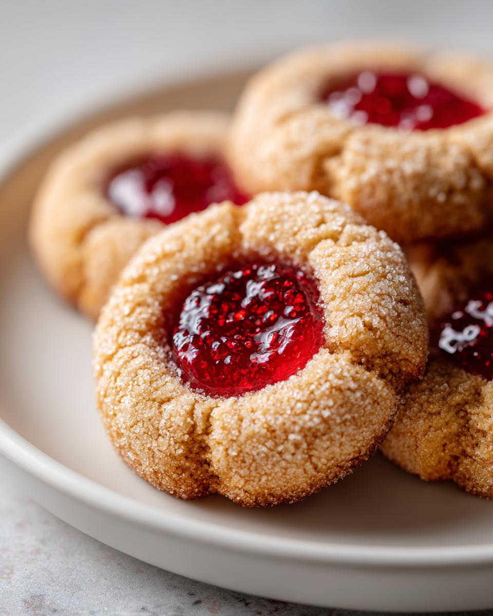Close-up of several delicious thumbprint cookies, rolled in sugar and filled with bright red raspberry jam.