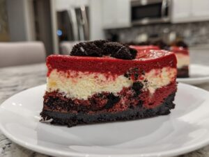 Close-up of a slice of layered red velvet cheesecake featuring red and white layers, a dark crust, and crushed cookies on top.