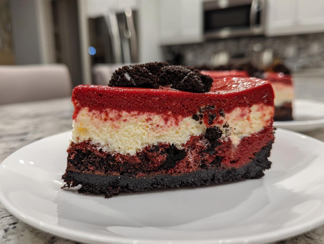 Close-up of a slice of layered red velvet cheesecake featuring red and white layers, a dark crust, and crushed cookies on top.