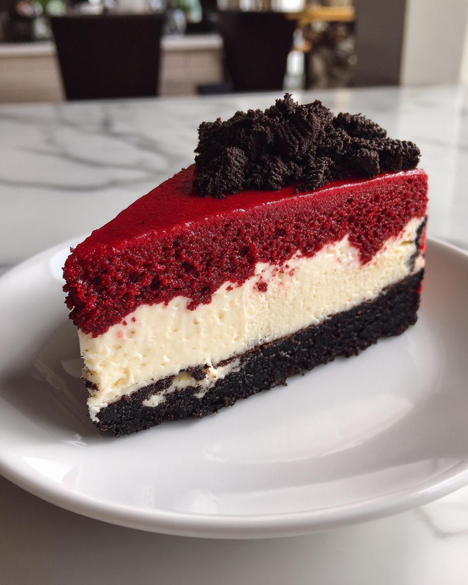 A perfect slice of red velvet cheesecake featuring a dark crust, creamy white layer, bright red top layer, and chocolate cookie crumble topping.