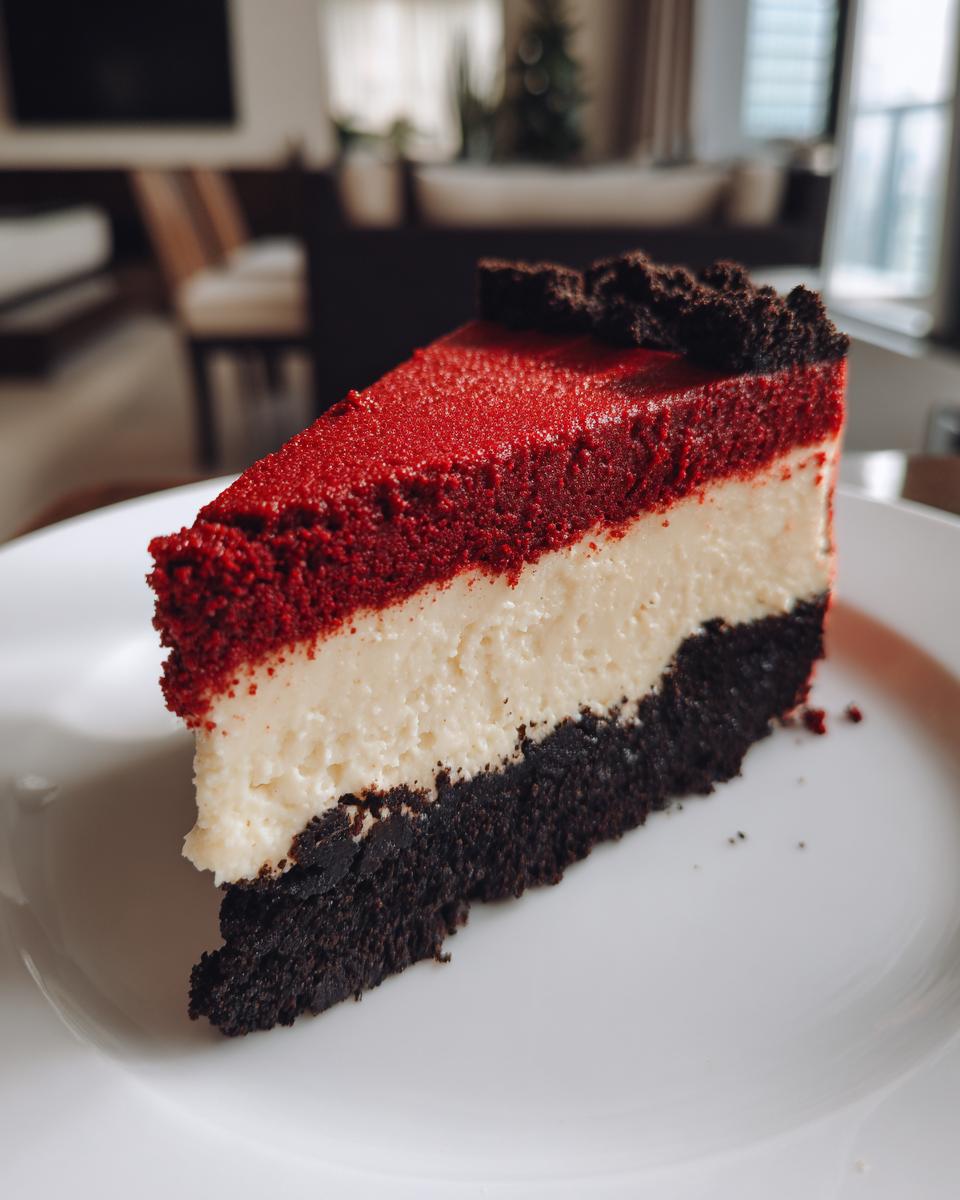 A perfect slice of layered red velvet cheesecake featuring a dark crust, creamy white layer, and vibrant red top layer.