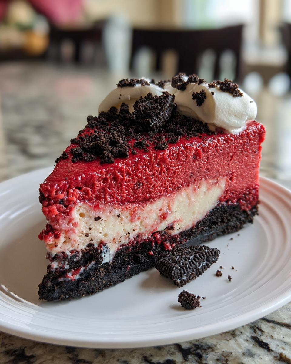A decadent slice of layered red velvet cheesecake topped with whipped cream and chocolate cookie crumbs.