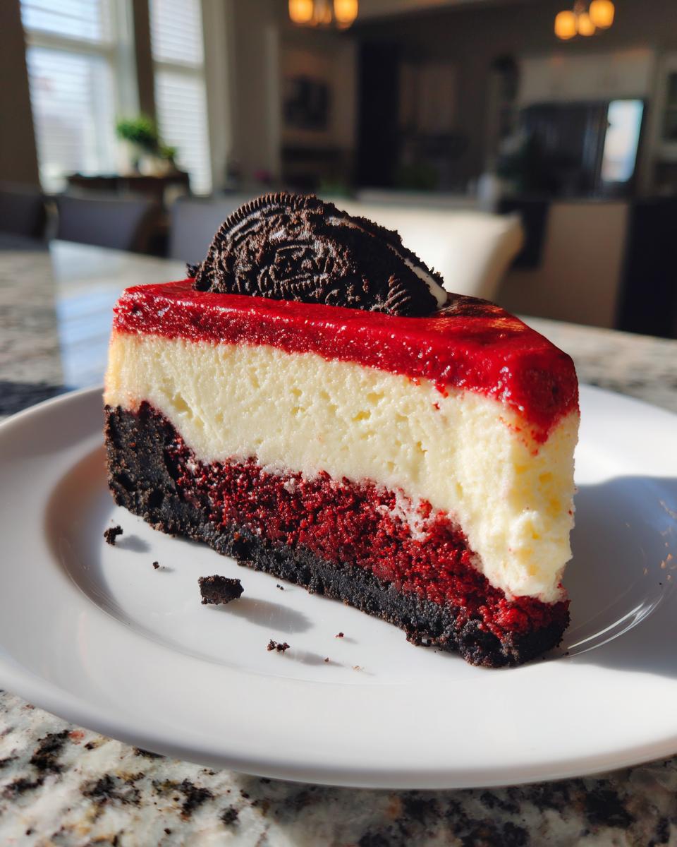 A perfect slice of red velvet cheesecake featuring a dark crust, red layer, white layer, red glaze, and an Oreo cookie on top.