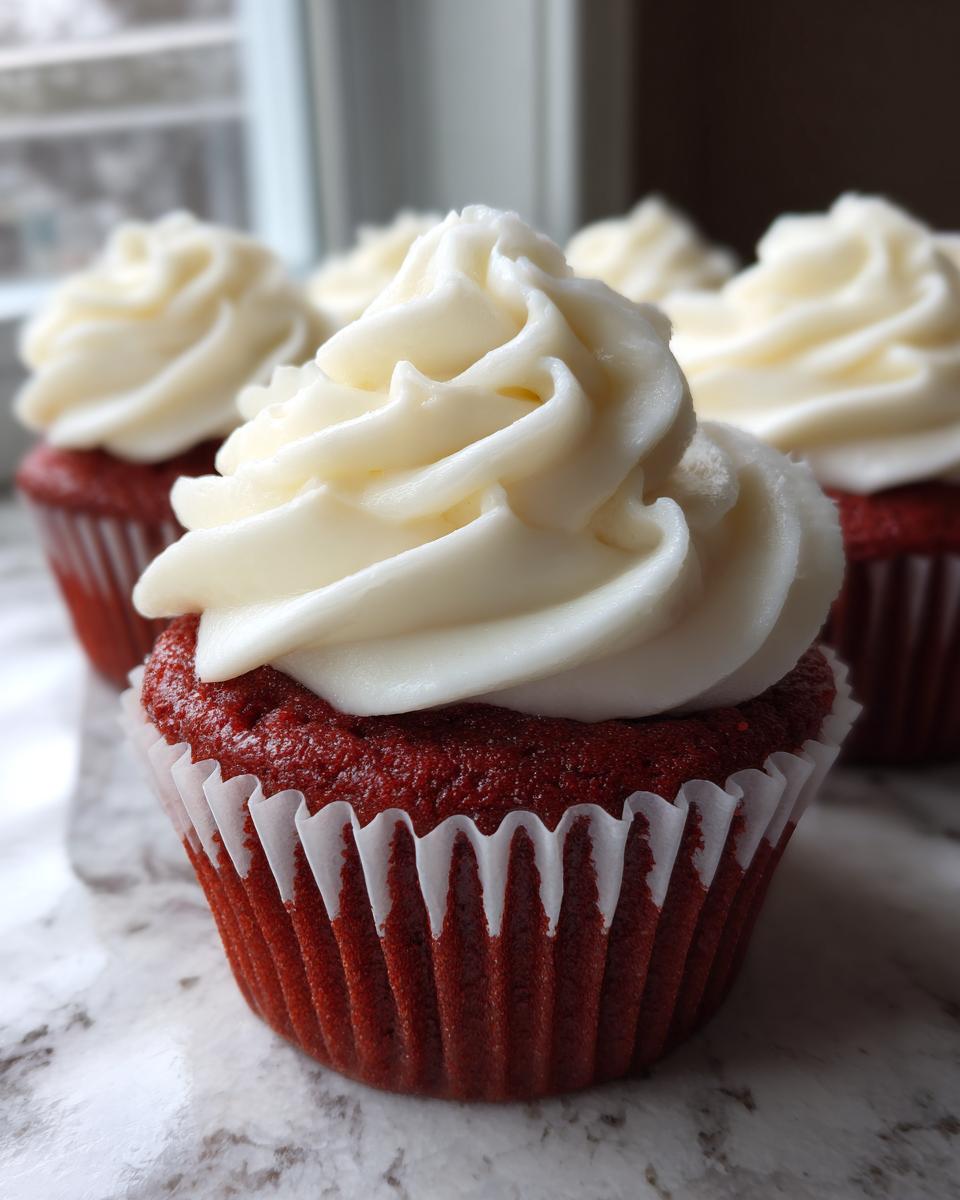 A close-up of a perfectly frosted red velvet cupcake with rich cream cheese frosting, with more red velvet cupcakes blurred in the background.
