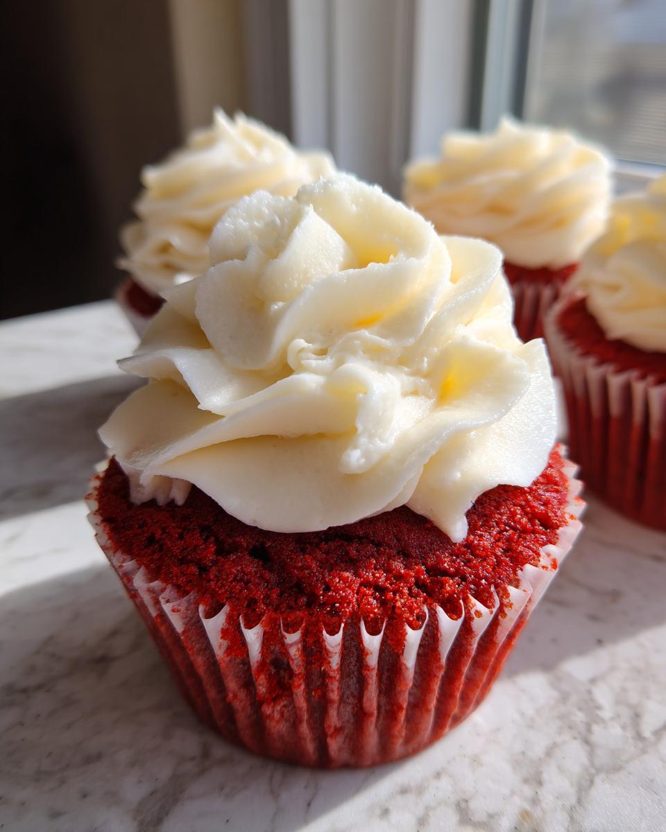 A close-up of a vibrant red velvet cupcake topped with a swirl of cream cheese frosting.