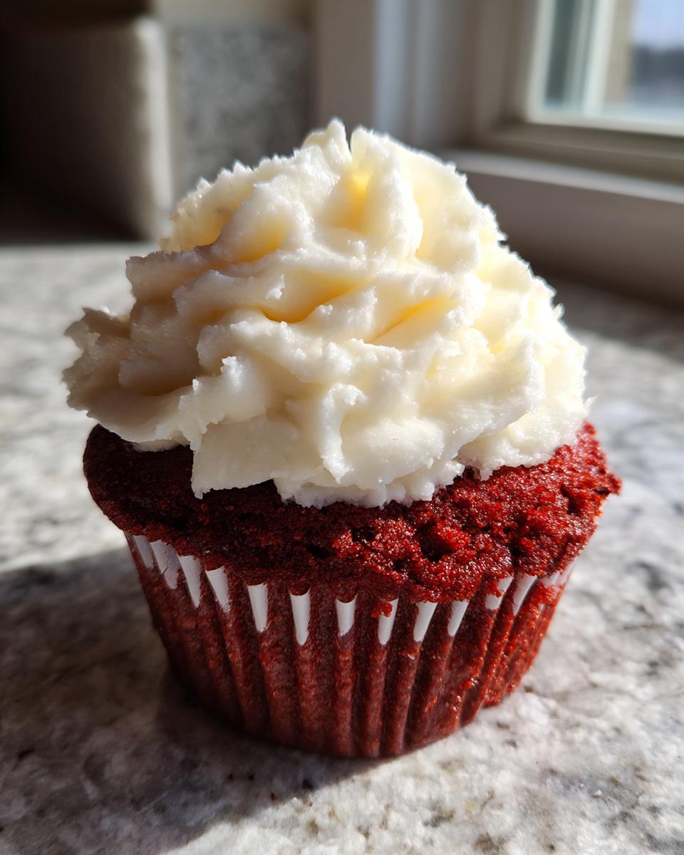 A single, vibrant red velvet cupcake topped with a generous swirl of white cream cheese frosting, sitting on a granite counter.