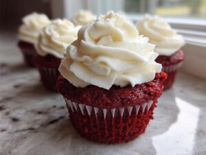A close-up of a vibrant red velvet cupcake topped with a swirl of white cream cheese frosting, with more red velvet cupcakes blurred in the background.