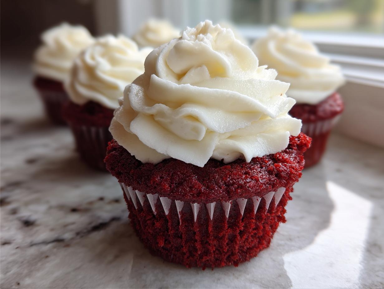 A close-up of a vibrant red velvet cupcake topped with a swirl of white cream cheese frosting, with more red velvet cupcakes blurred in the background.