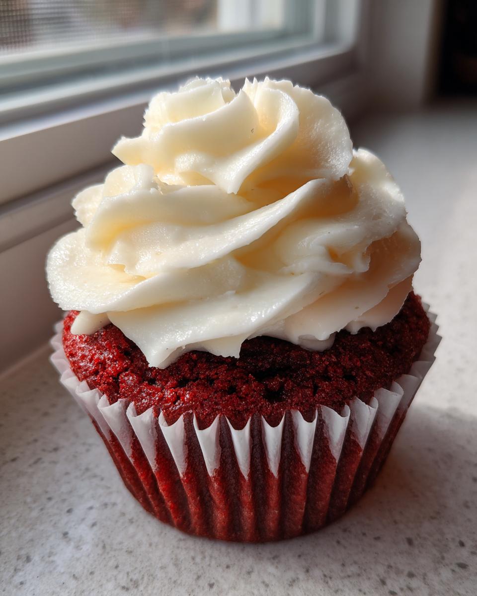 A single, vibrant red velvet cupcake topped with a generous swirl of white cream cheese frosting.