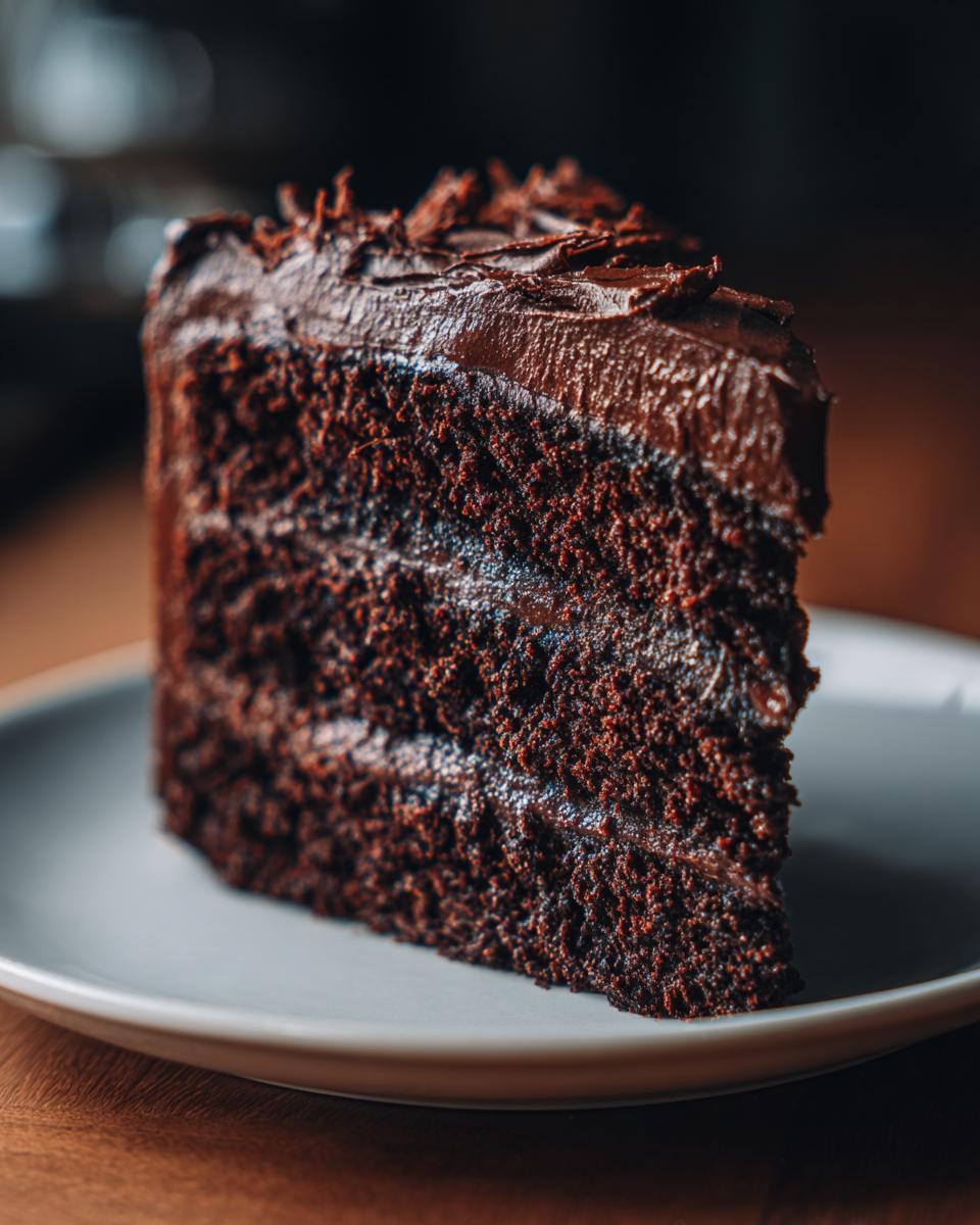 A decadent slice of dark chocolate layer cake, perfect for a Capricorn cake celebration.