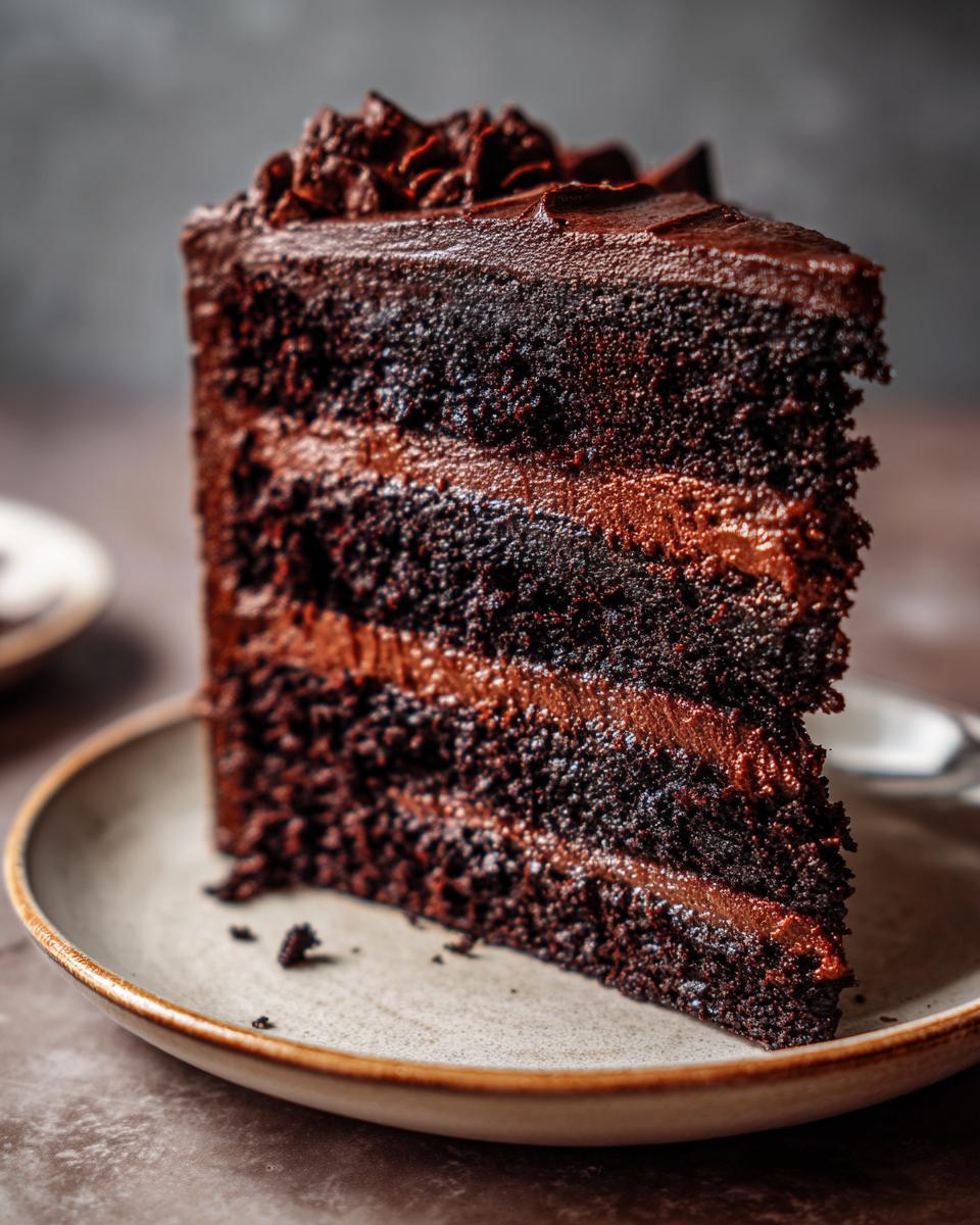 Close-up of a decadent slice of dark chocolate layer cake, likely a Capricorn cake.