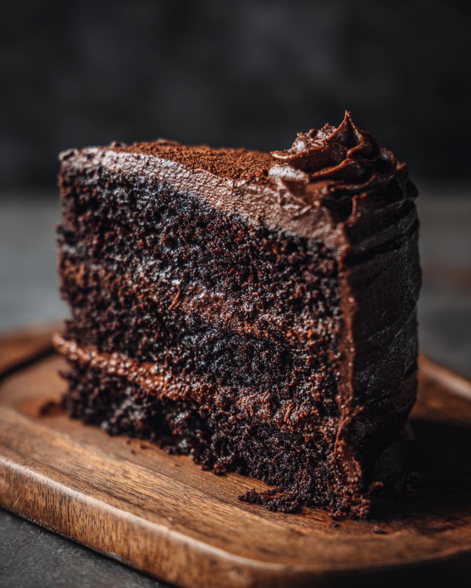 Close-up of a decadent slice of dark chocolate Capricorn cake with rich frosting.