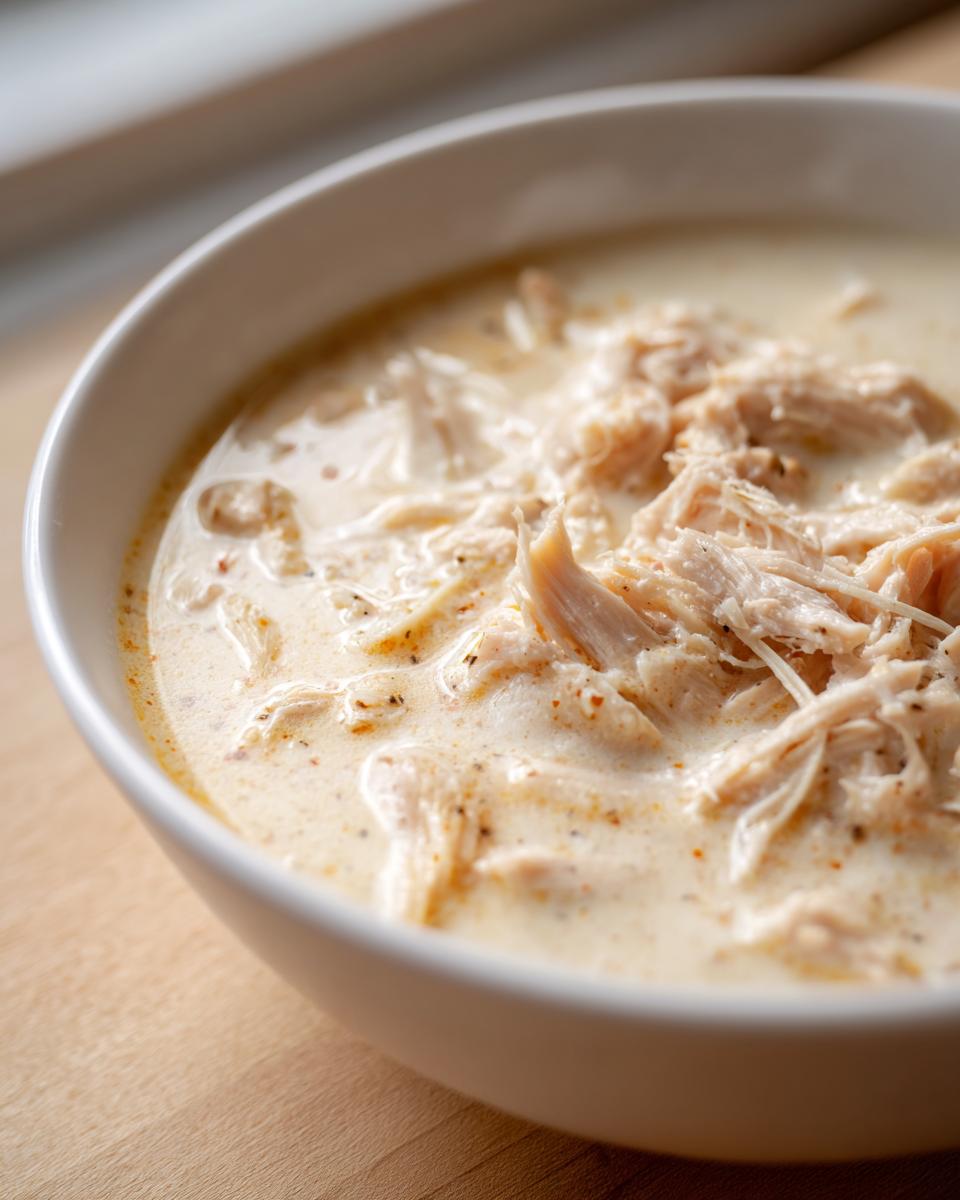 Close-up of a white bowl filled with rich cream of chicken soup loaded with shredded chicken.