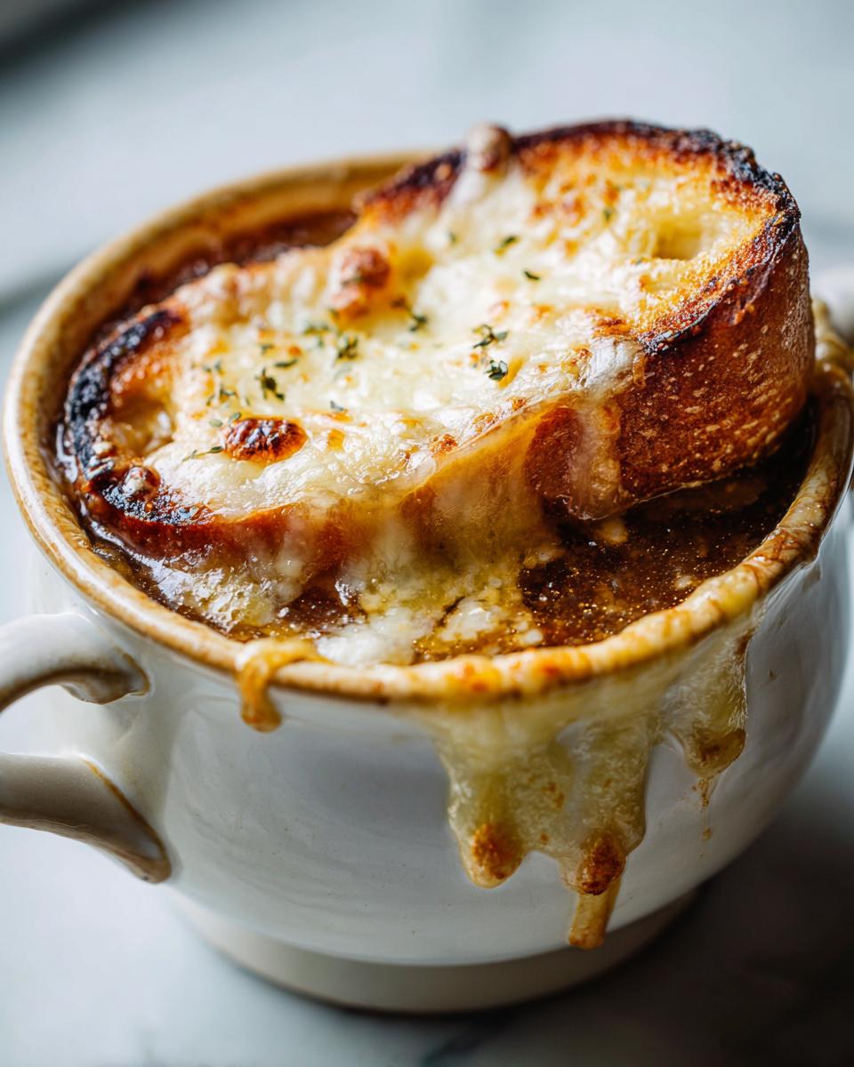 Close-up of a crock of rich french onion soup topped with a toasted crouton and melted, bubbly Gruyère cheese.