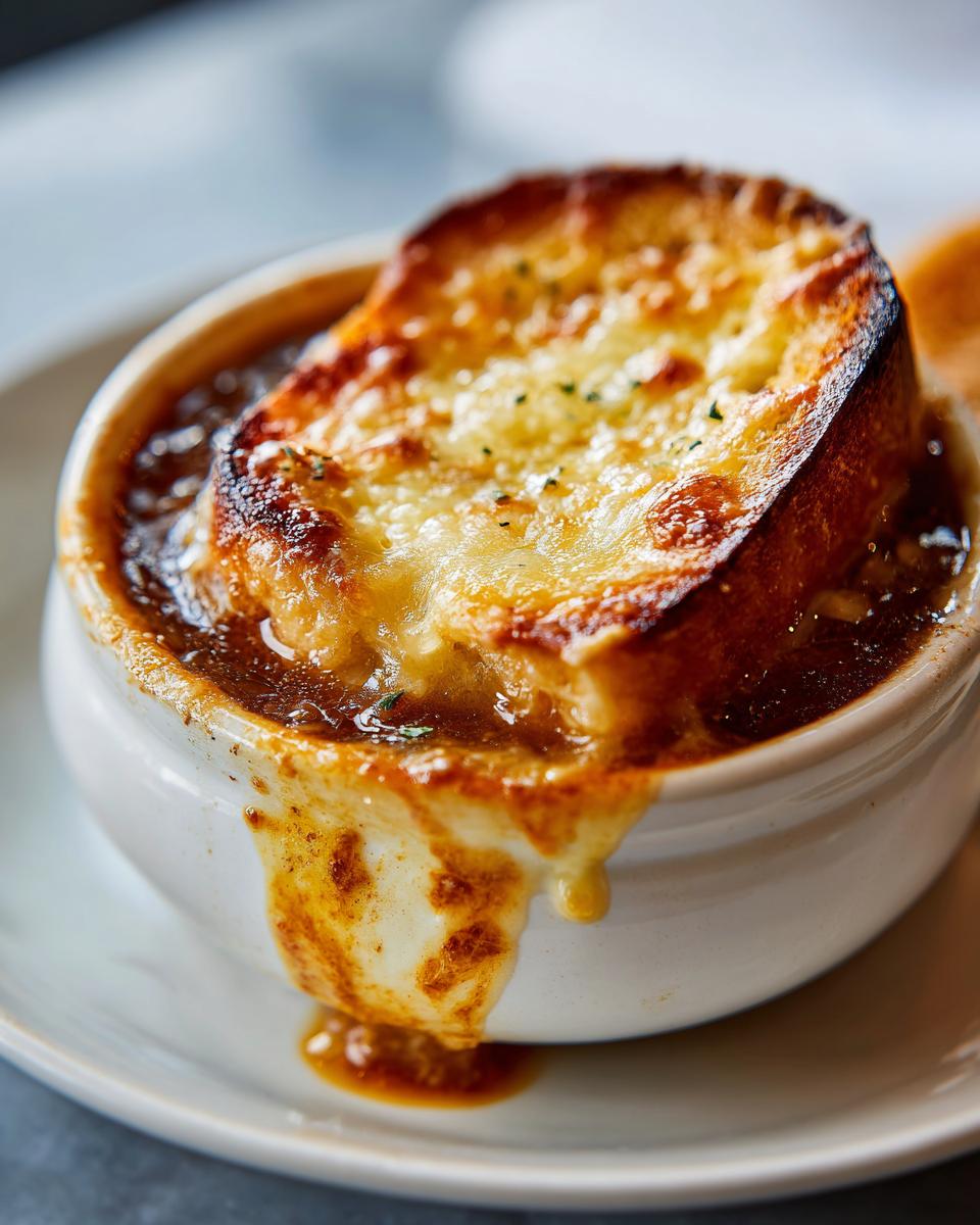 Close-up of a bowl of rich french onion soup topped with a thick slice of toasted bread and bubbly, melted Gruyère cheese.