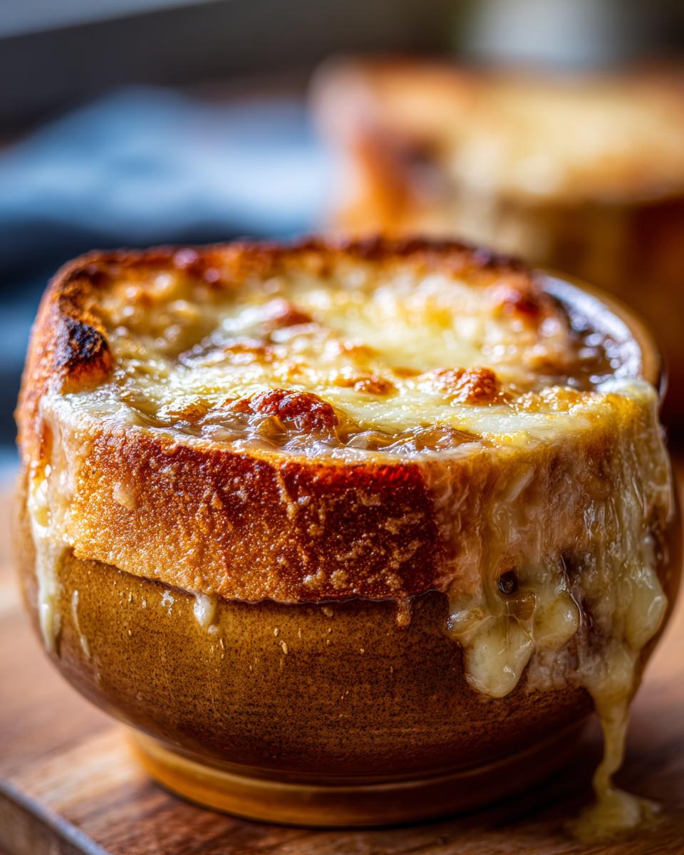 Close-up of a rich french onion soup topped with a thick, melted, and browned layer of cheese.