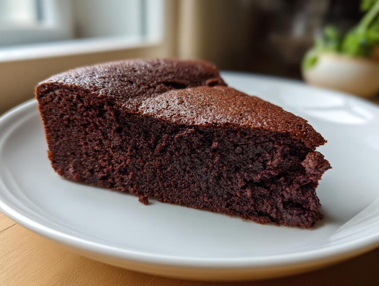 A close-up of a moist, dark slice of chocolate cake recipe served on a white plate.