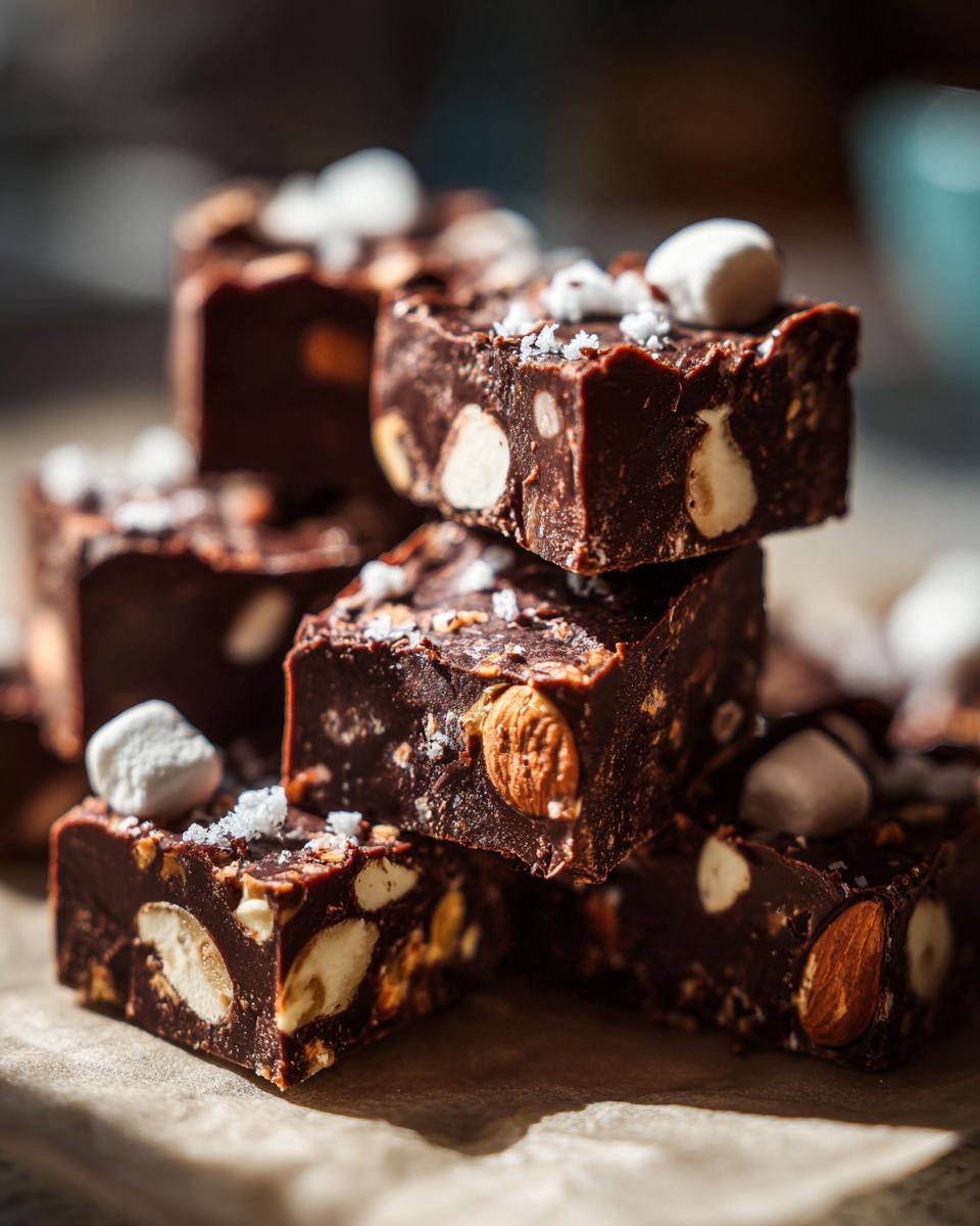 Stack of rich, dark chocolate rocky road fudge squares loaded with almonds and topped with mini marshmallows.