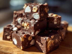 Close-up of stacked, rich chocolate rocky road fudge squares filled with marshmallows and nuts.
