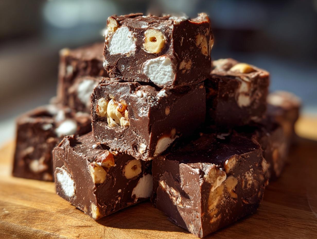 Close-up of stacked, rich chocolate rocky road fudge squares filled with marshmallows and nuts.
