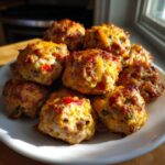 A pile of baked rotel cream cheese sausage balls with melted cheese and visible red peppers on a white plate.