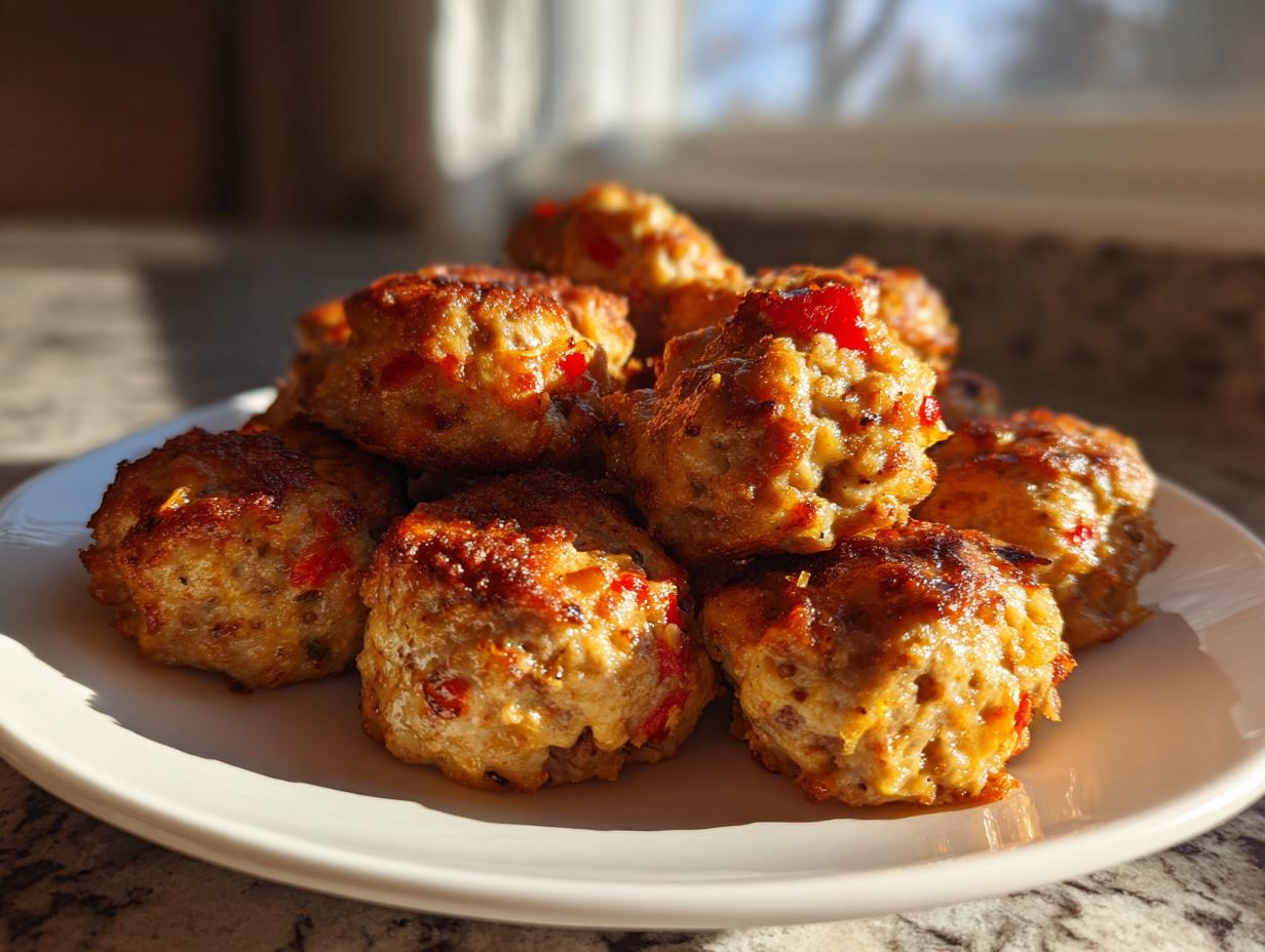 A pile of golden brown rotel cream cheese sausage balls with visible red pepper pieces, served on a white plate.