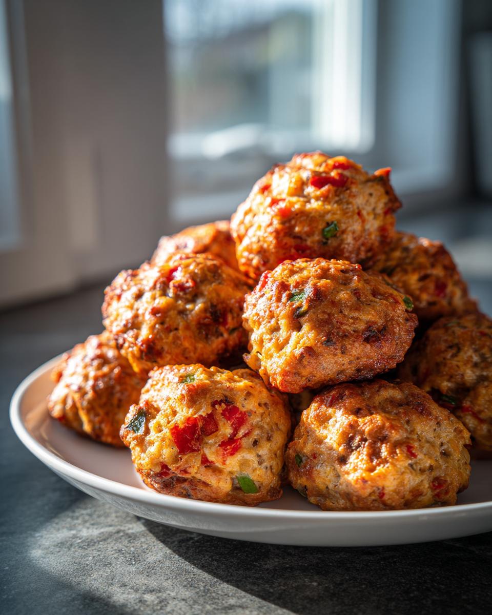 A pile of golden brown rotel cream cheese sausage balls with visible red peppers and green herbs on a white plate.