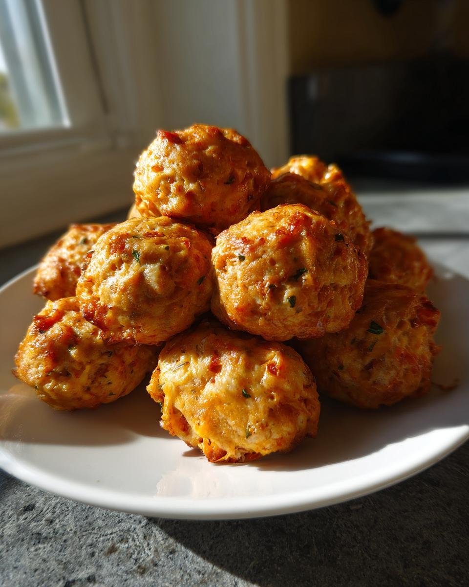 A stack of golden brown rotel cream cheese sausage balls piled high on a white plate, lit by bright window light.