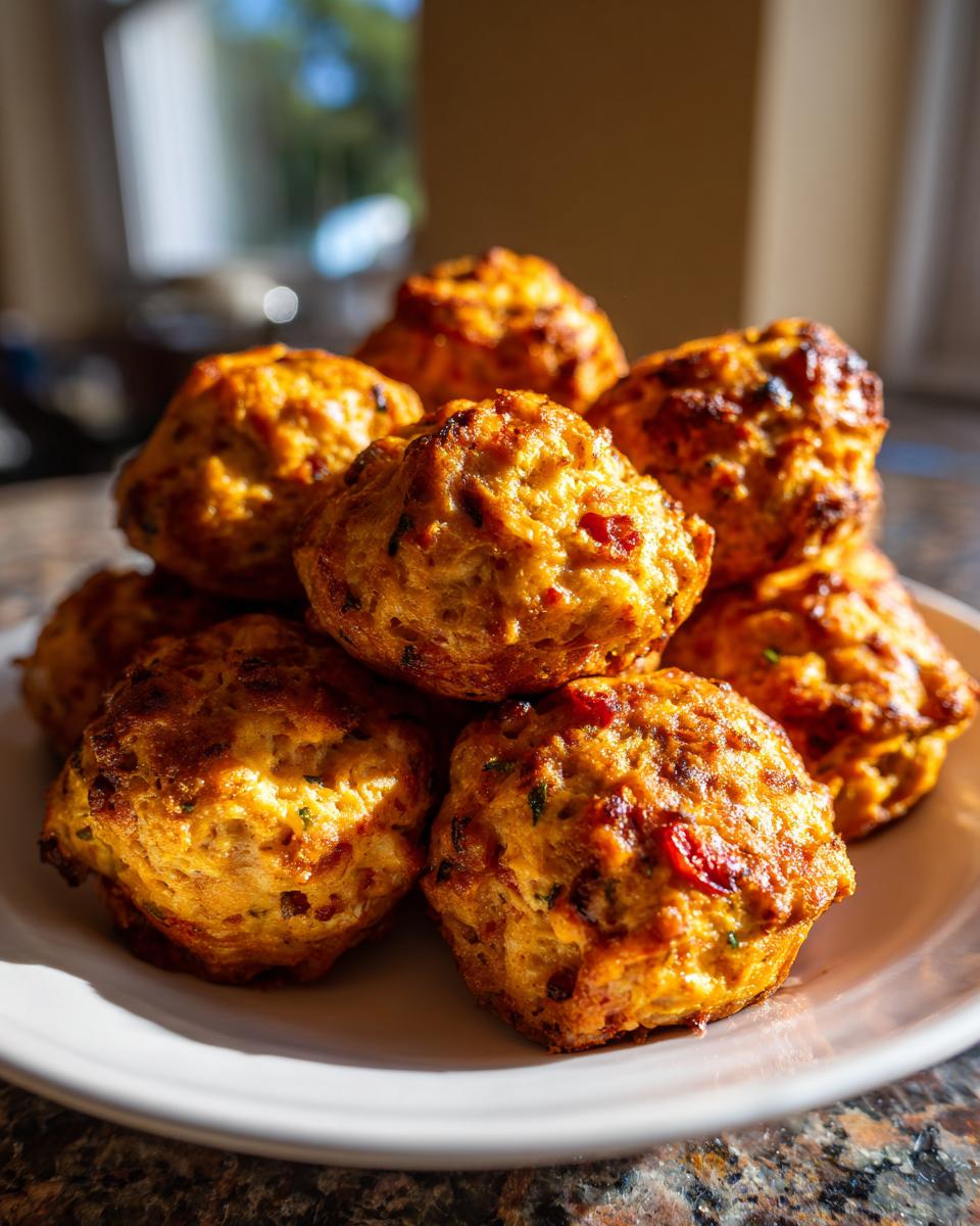 A stack of golden brown rotel cream cheese sausage balls piled high on a white plate, catching warm sunlight.