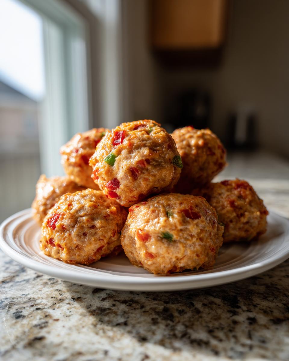 A close-up stack of freshly baked rotel cream cheese sausage balls resting on a white plate.