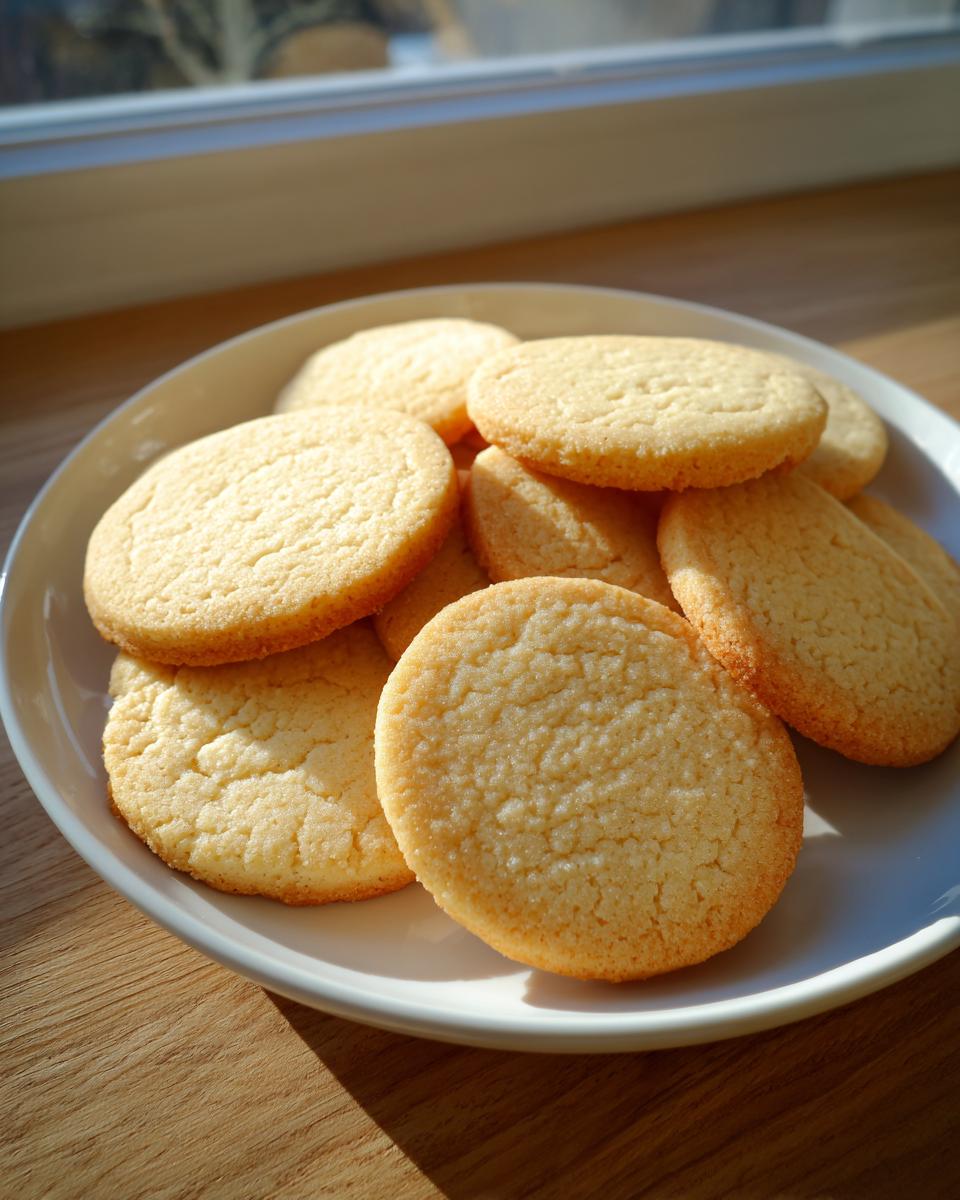 A plate piled high with golden brown, round sugar cookies, backlit by sunlight near a window.