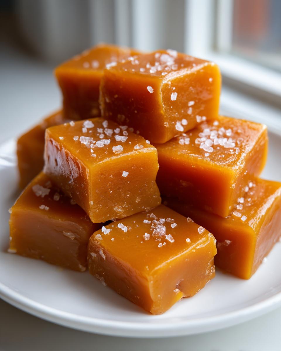 Close-up of a stack of buttery, square caramels sprinkled with flaky sea salt.
