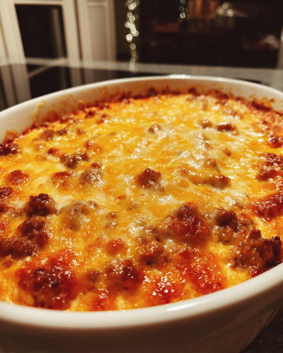 Close-up of a bubbling, baked sausage cheese dip topped with melted, browned cheddar cheese.