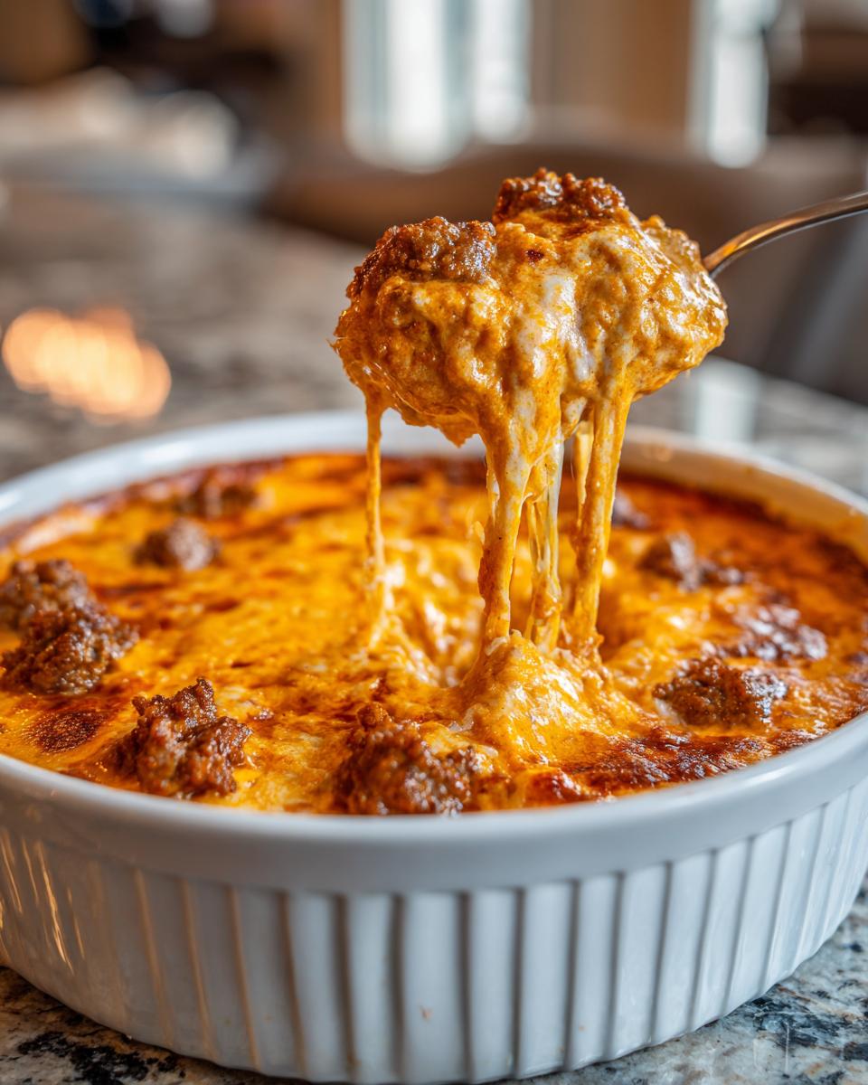 A spoonful of hot, cheesy sausage cheese dip stretches long strings of melted cheese as it's lifted from a white baking dish.