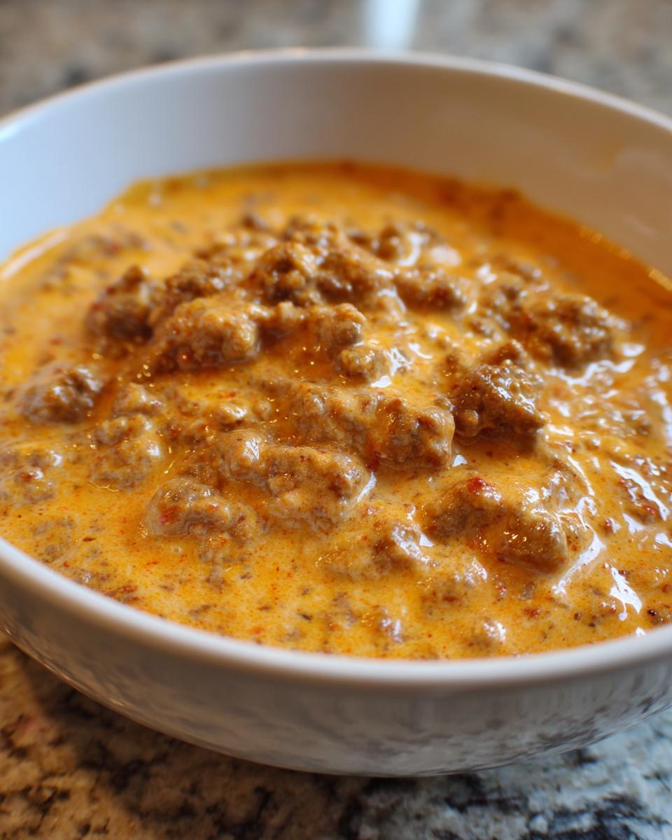 A close-up view of a rich, creamy, orange-hued sausage cheese dip served in a white bowl.