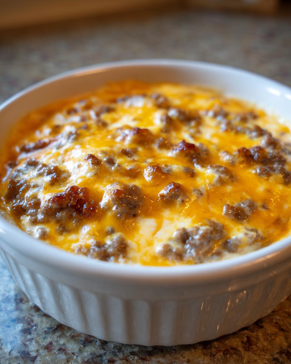 Close-up of a hot, bubbling sausage cheese dip topped with melted cheddar cheese in a white ceramic dish.