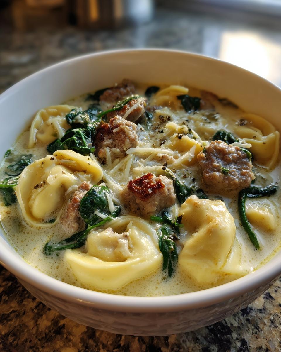 Close-up of creamy sausage tortellini soup with spinach and grated cheese in a white bowl.