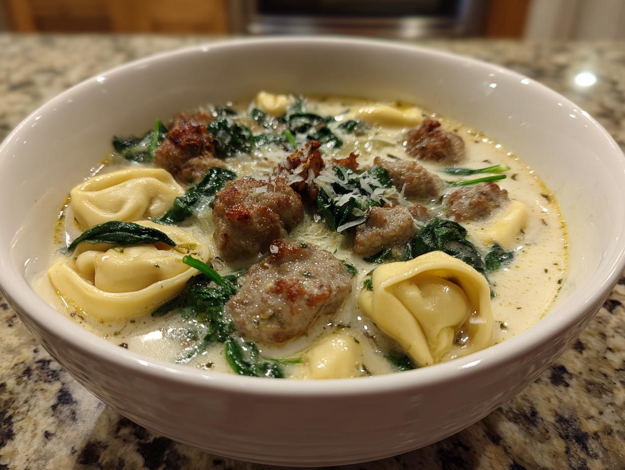A close-up of a white bowl filled with creamy sausage tortellini soup, featuring sausage chunks, spinach, and grated Parmesan.