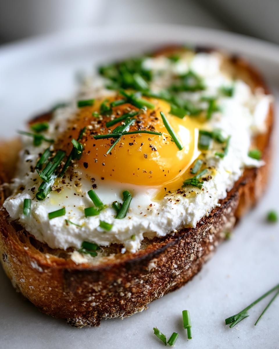 Close-up of savory ricotta toast topped with a sunny-side-up egg, cracked pepper, and fresh chives.