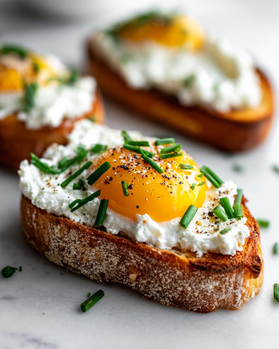 Close-up of savory ricotta toast topped with a sunny-side-up egg, cracked pepper, and fresh chives.