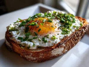 Close-up of savory ricotta toast topped with a sunny-side-up egg, fresh chives, and pepper.