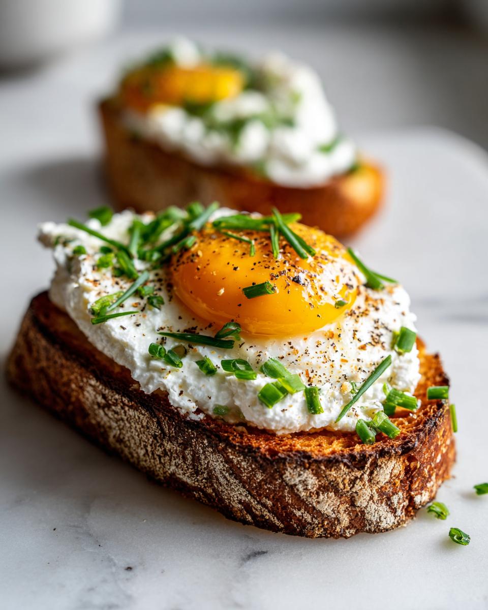 Close-up of savory ricotta toast topped with a sunny-side-up egg, cracked pepper, and fresh chives.