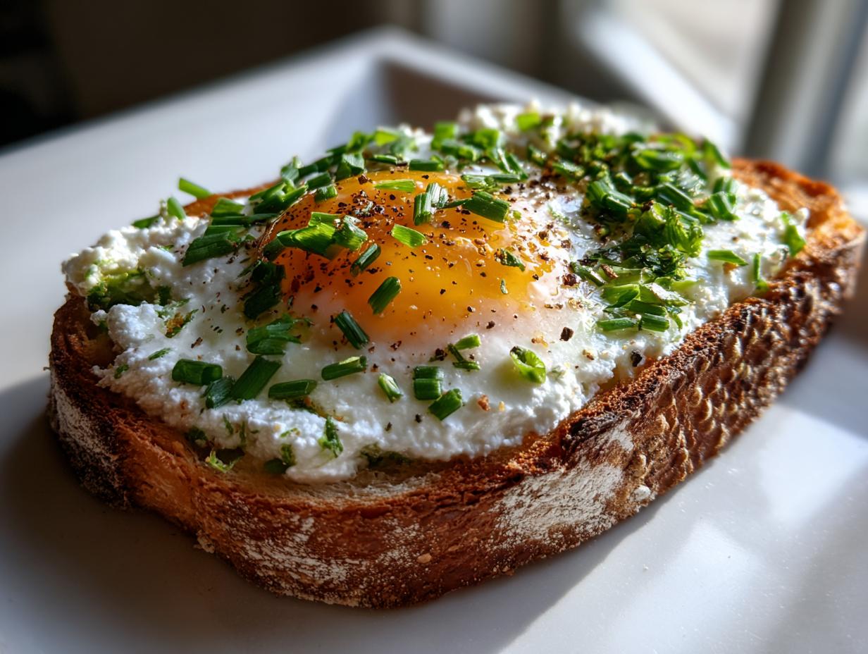 Close-up of savory ricotta toast topped with a sunny-side-up egg, fresh chives, and pepper.
